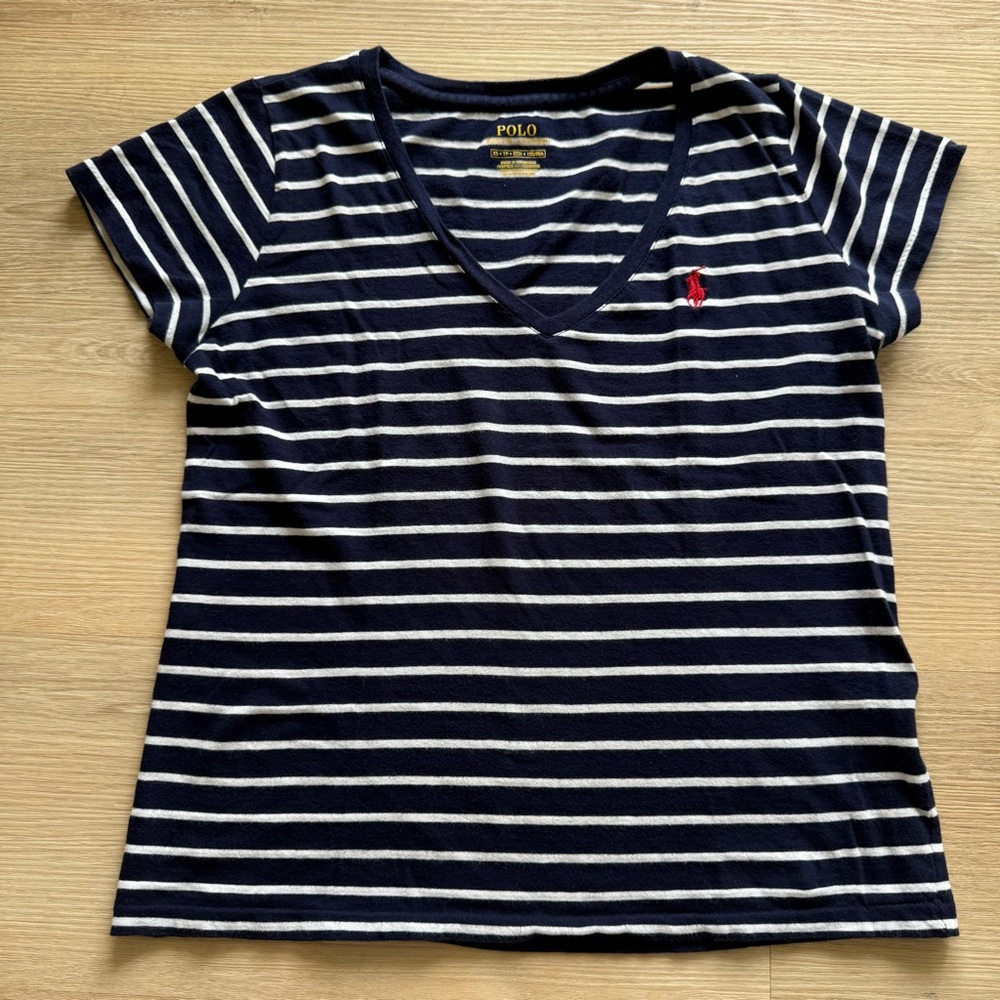 Polo Ralph Lauren Striped Navy and White Short Sleeve V- Neck Tee Red Pony Logo - Picture 5 of 7